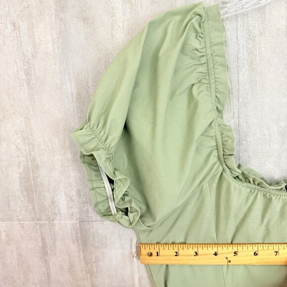 Blashe Dress Large Stretch Sage Green Mini Puff Sleeve Button Up Sweetheart Line - Picture 14 of 16